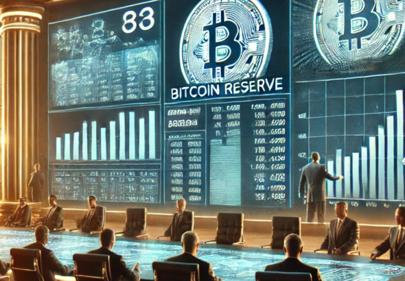 A cinematic-style image of a high-tech financial boardroom where executives and policymakers review Bitcoin and Ethereum charts on digital screens. A separate screen displays a 'Bitcoin Reserve' policy document, symbolizing state-backed cryptocurrency adoption.