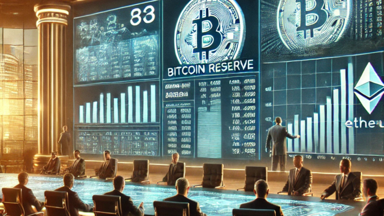 A cinematic-style image of a high-tech financial boardroom where executives and policymakers review Bitcoin and Ethereum charts on digital screens. A separate screen displays a 'Bitcoin Reserve' policy document, symbolizing state-backed cryptocurrency adoption.