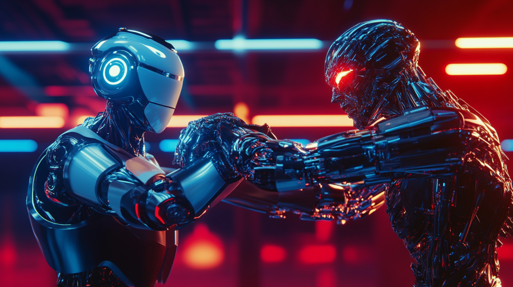 A humanoid robot and a half-human, half-robot cyborg arm-wrestling in a futuristic neon-lit environment, showcasing the future of AI-human collaboration