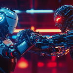 A humanoid robot and a half-human, half-robot cyborg arm-wrestling in a futuristic neon-lit environment, showcasing the future of AI-human collaboration