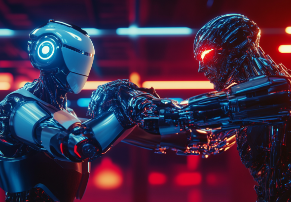 A humanoid robot and a half-human, half-robot cyborg arm-wrestling in a futuristic neon-lit environment, showcasing the future of AI-human collaboration